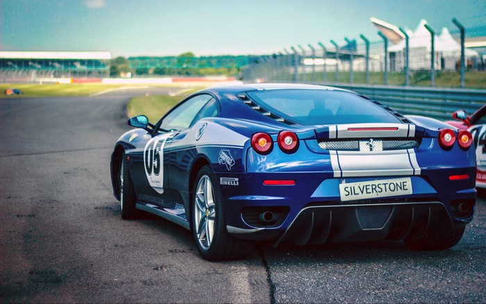 Blue Ferrari F430 on Silverstone Race Track