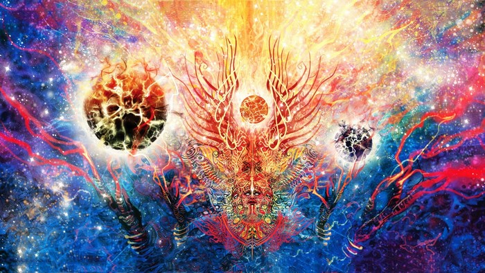 Psychedelic cosmic explosion with celestial bodies