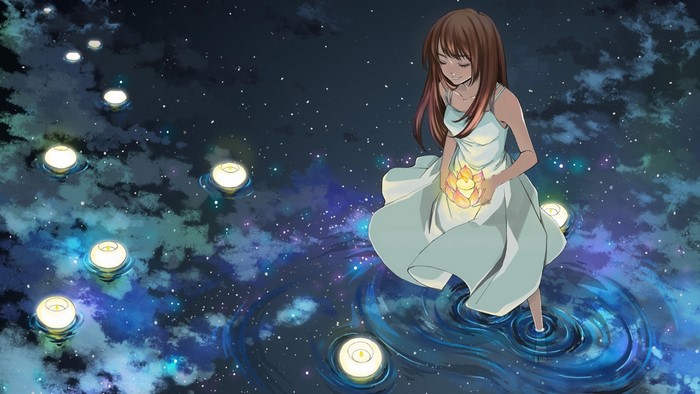 Anime girl in white dress with glowing lotus on water with lanterns