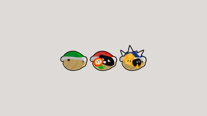 Mario Kart shells: Green, Red with Bob-omb, and Blue Spiny
