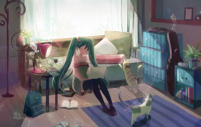 Hatsune Miku with cats in a room