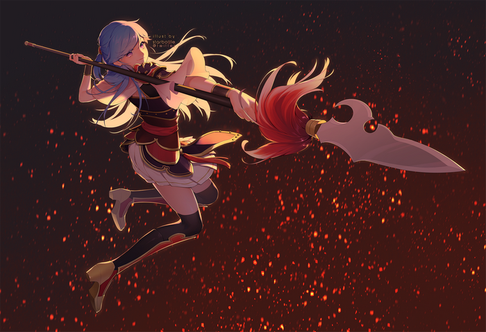 Anime girl with spear in front of fiery background