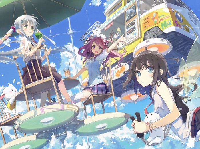 Anime girls enjoying drinks at a cafe with a food truck