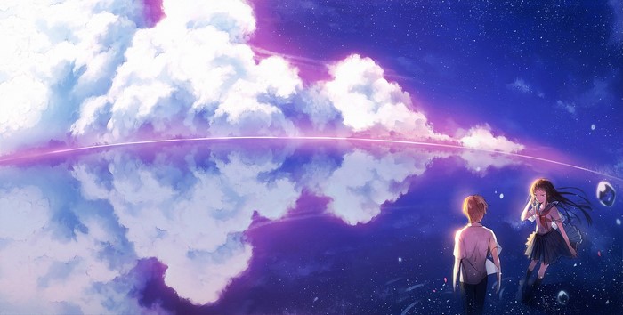 Anime couple watching the sky reflected in water