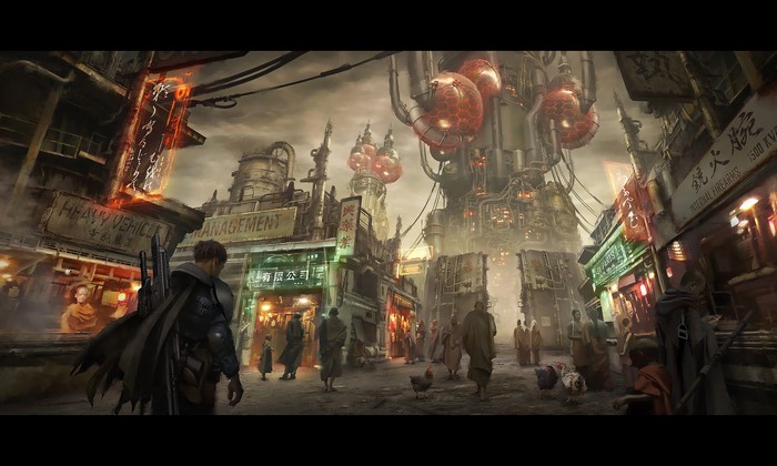 Futuristic city street with people and industrial structures
