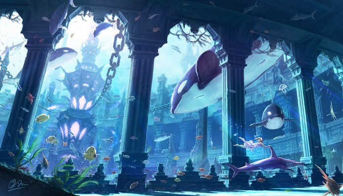 Underwater ancient ruins with orcas and fish