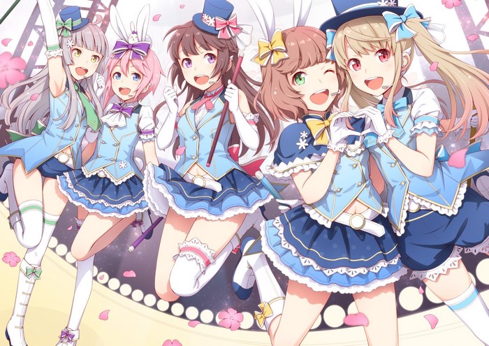 Anime girls in blue idol outfits on stage