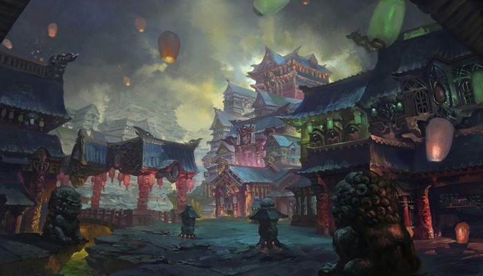 Digital art of a Chinese city with lanterns