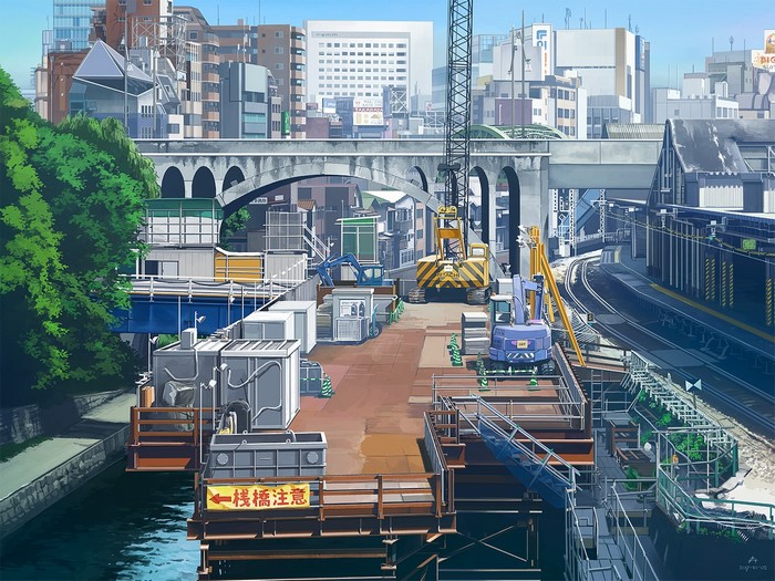 Anime construction site with cranes and buildings