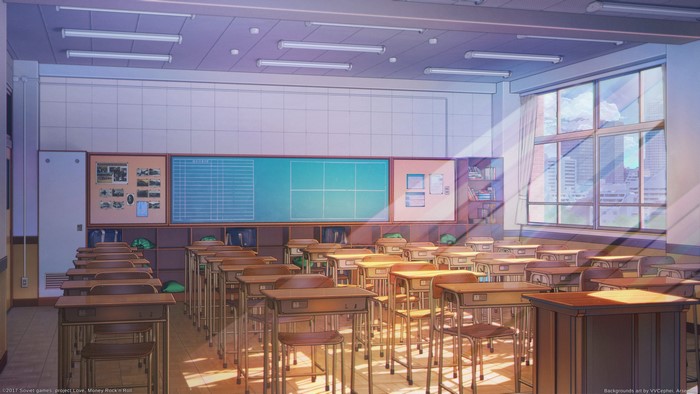 Anime classroom interior with desks and windows