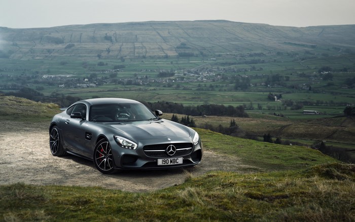 Mercedes AMG GTs on a hill with a valley landscape