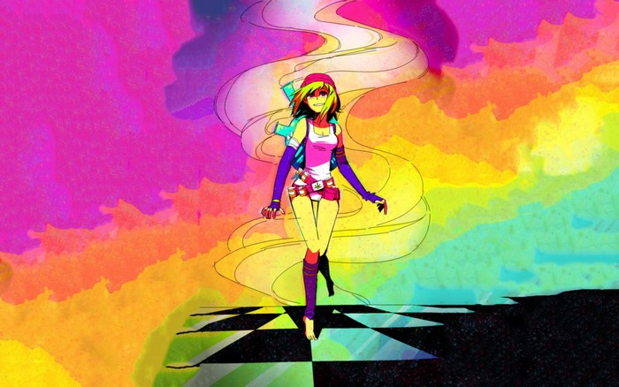 Psychedelic anime girl with cannabis leaf belt