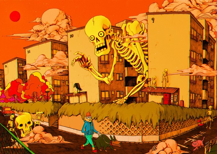 Giant Skeleton Overlooking City with Skeletons and Dog Walker