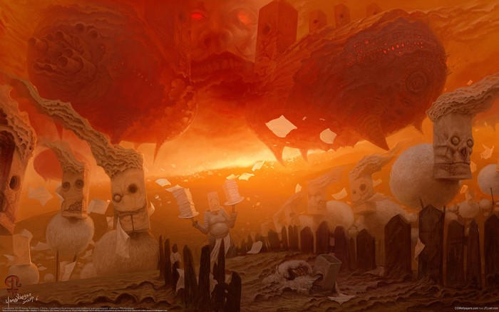 Surreal landscape with monstrous figures and a fiery sky