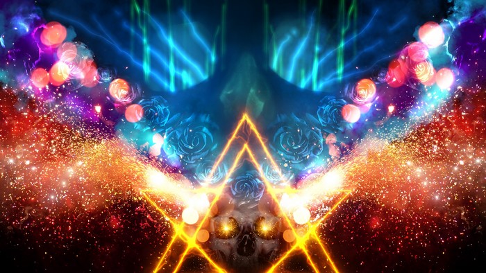 Psychedelic abstract art with skull and roses