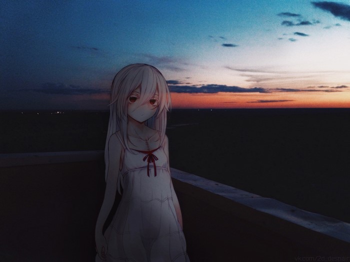 Anime girl with white hair at sunset