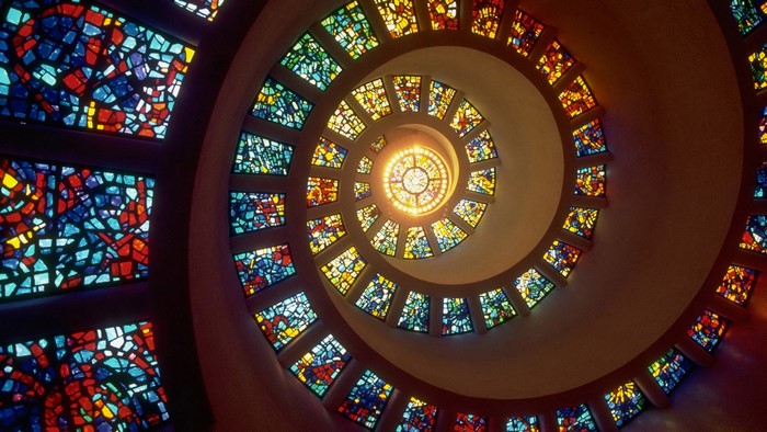 Spiral Staircase with Stained Glass Windows