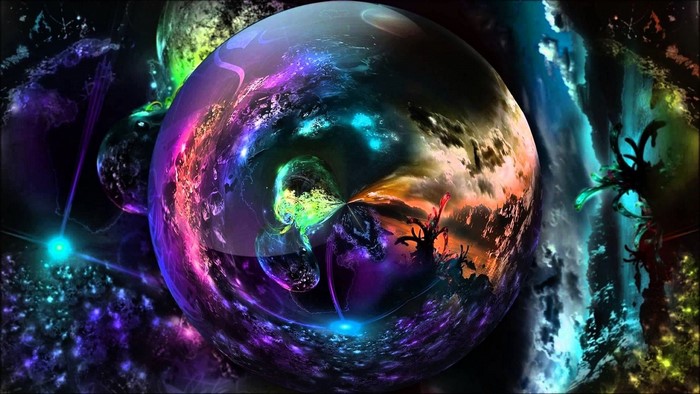 Surreal psychedelic space sphere with planets and nebulae