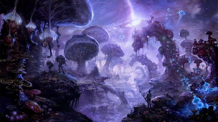 Fantasy art of a psychedelic mushroom landscape