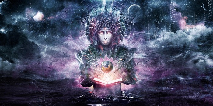 Psychedelic digital art of a spiritual being holding a book