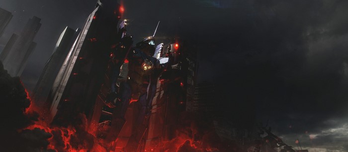 EVA Unit 01 in a dark, fiery city