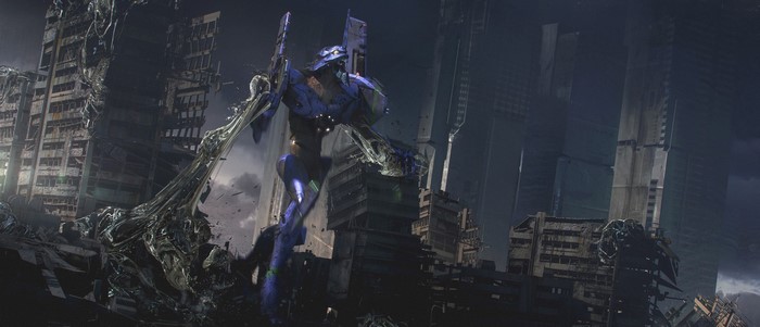 EVA Unit 01 in a ruined city