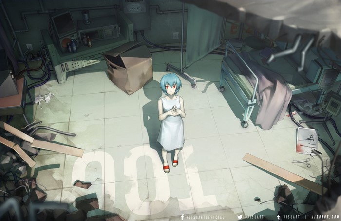 Ayanami Rei from Neon Genesis Evangelion in a damaged room