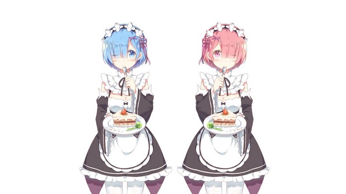 Rem and Ram from Re:Zero holding cake slices