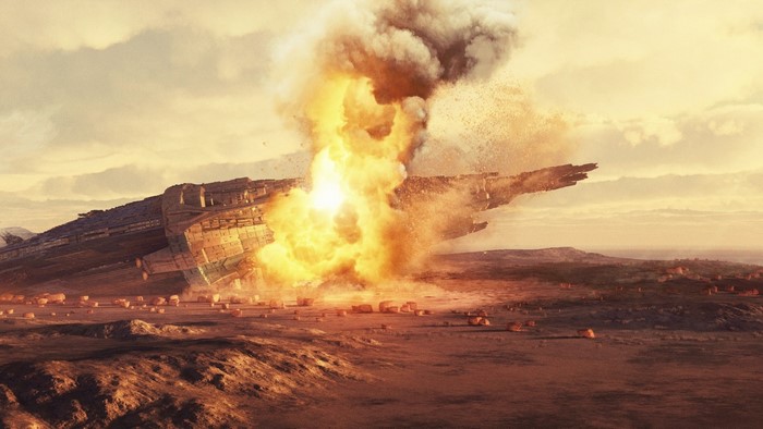 Spaceship explosion on a desolate planet