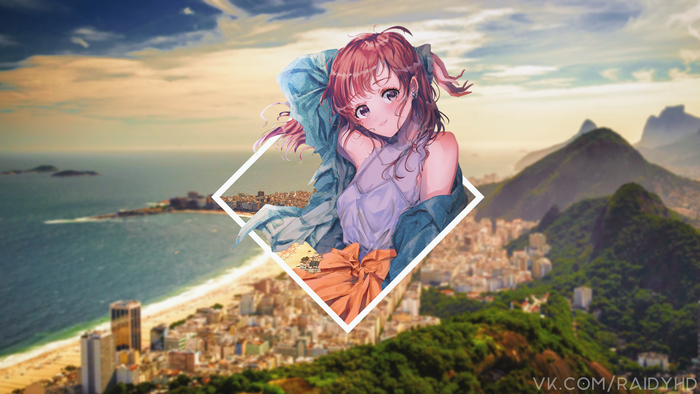 Anime girl in a diamond frame over Rio de Janeiro