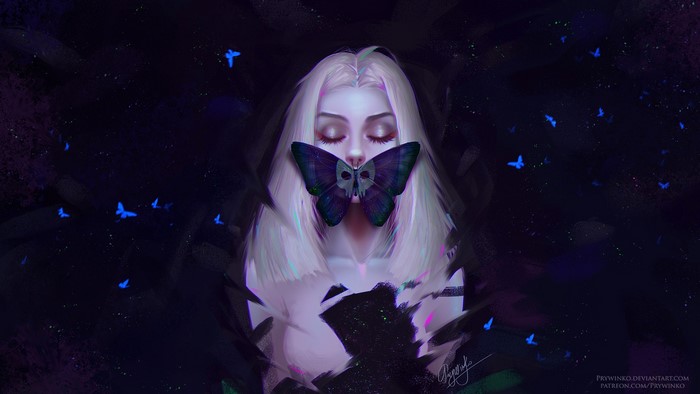 Fantasy girl with butterfly covering her mouth