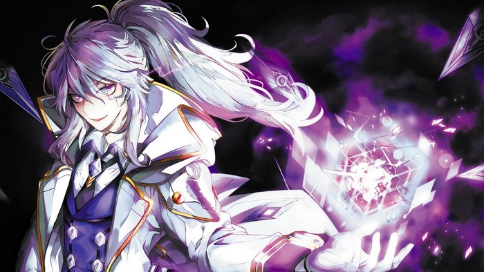 Elsword anime boy with white hair and purple magic