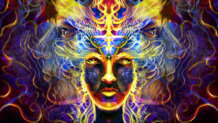 Psychedelic face with colorful fractal patterns