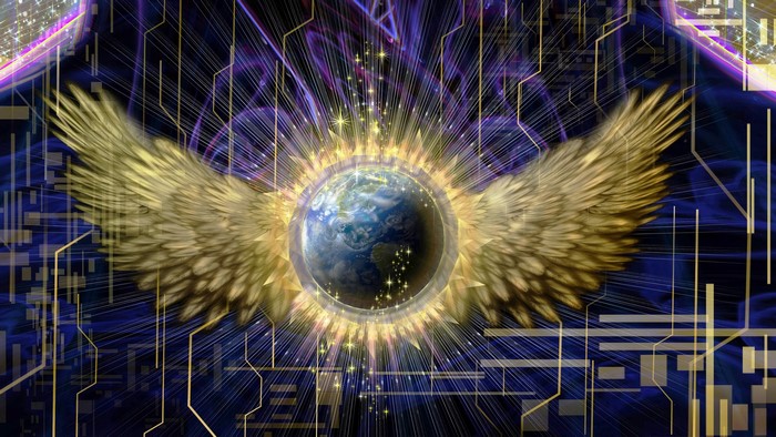 The Earth with golden wings and digital background