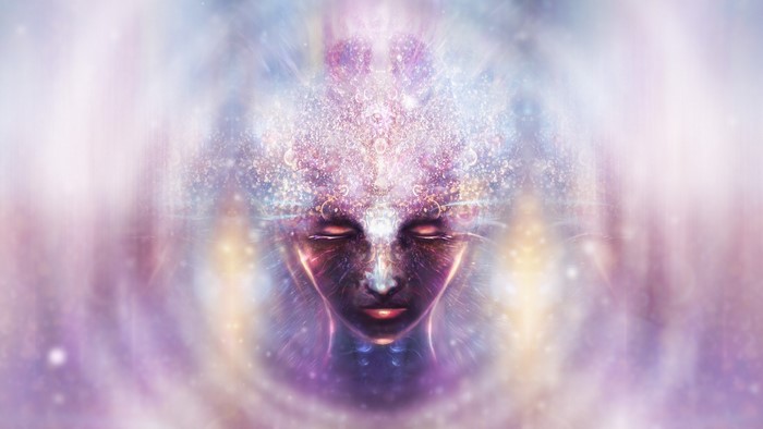 Psychedelic digital art of a glowing face