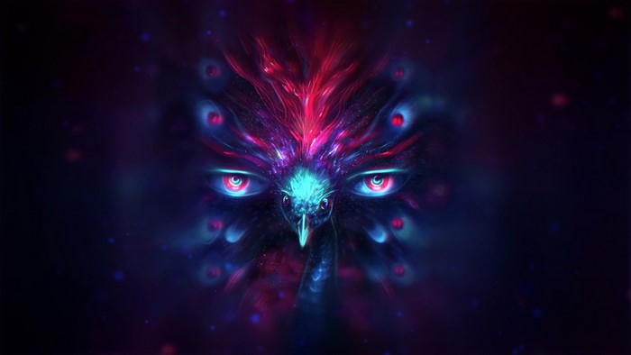 Psychedelic peacock with glowing eyes and cosmic background