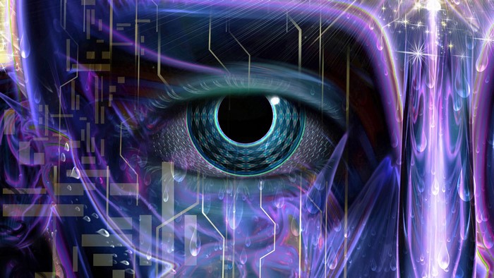 Psychedelic eye with digital circuits and purple light