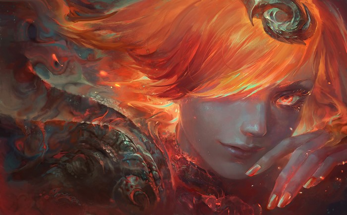 4K League of Legends character with fiery hair