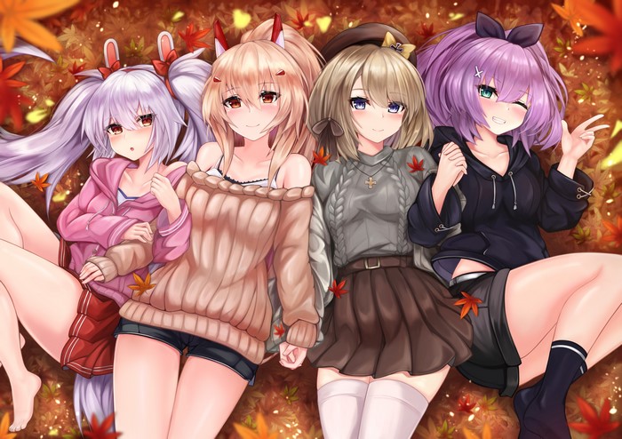 4 anime girls from Azur Lane lying on autumn leaves