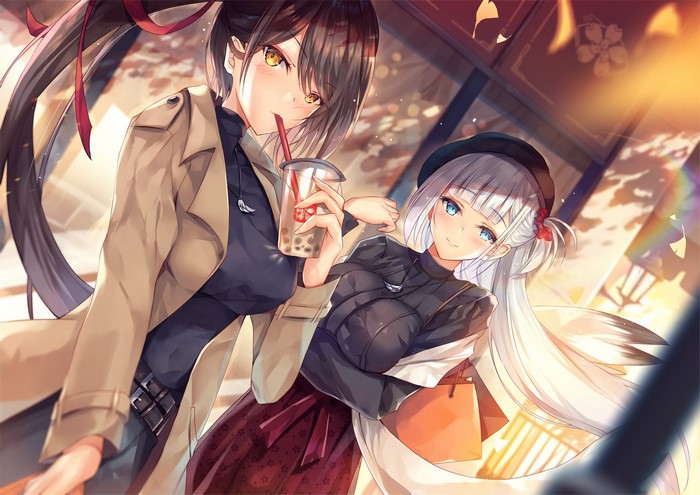 Two anime girls with bubble tea and shopping bags