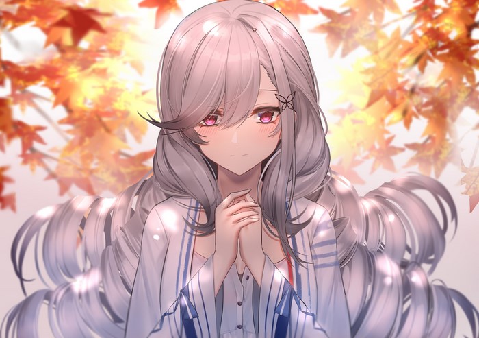 Anime girl with long silver hair and red eyes