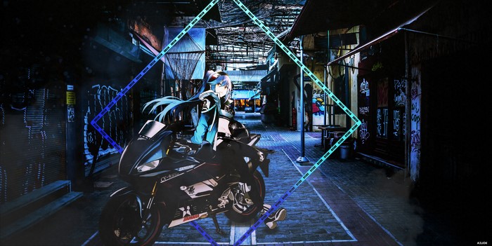 Essex from Azur Lane on a motorcycle in a Japanese alley