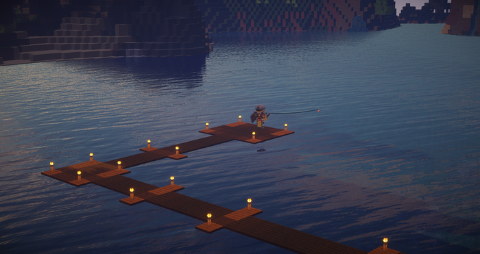 Minecraft character fishing from a dock at dusk