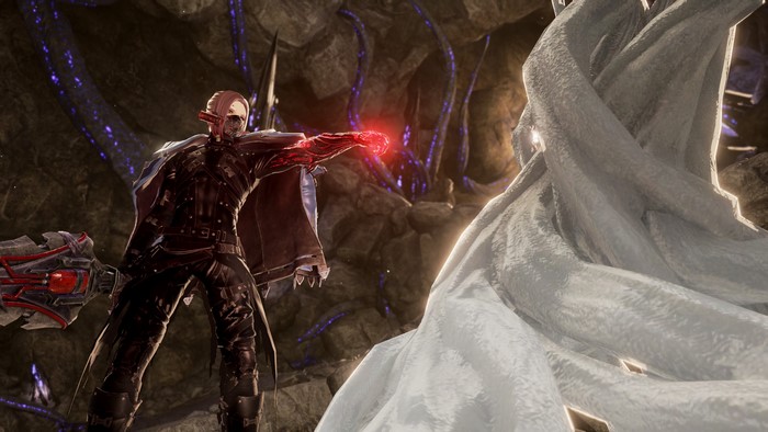 Character from Code Vein with glowing arm in cave