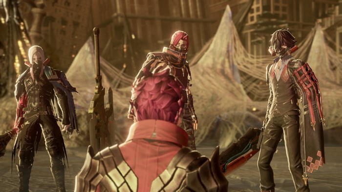 Code Vein characters in a desolate environment