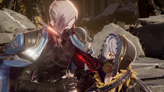 Two characters from Code Vein in a dramatic scene