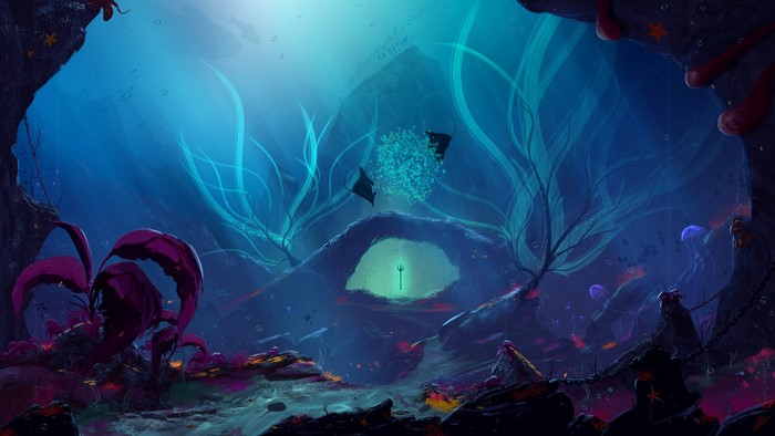 Underwater fantasy landscape with trident and manta rays