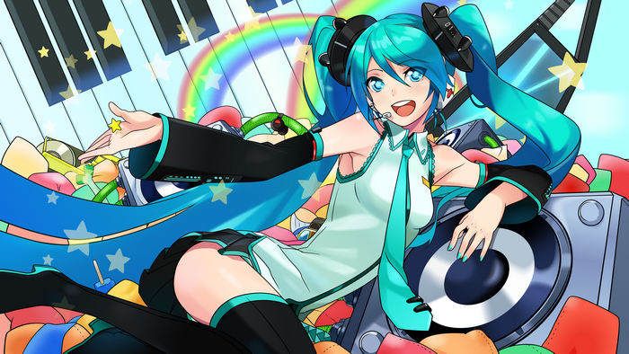 Hatsune Miku with Musical Instruments and Rainbow