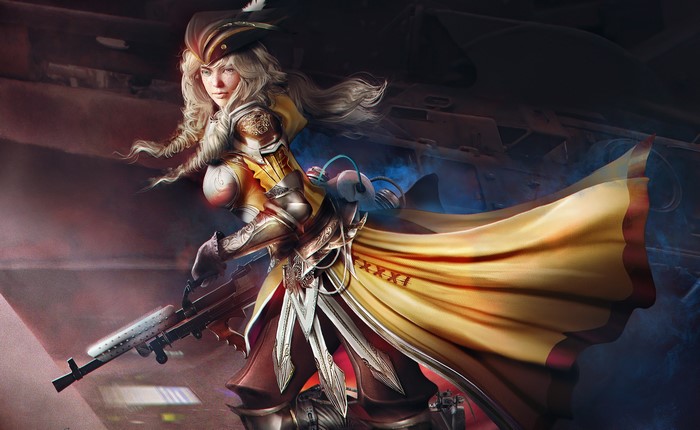 Woman in pirate-like attire with a rifle