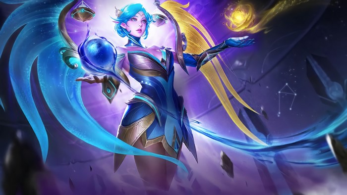 Fantasy girl with blue hair and pointy ears holding a scale